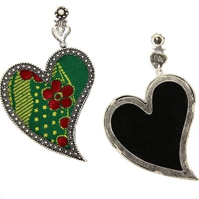 Silver hearts earrings with green brocade