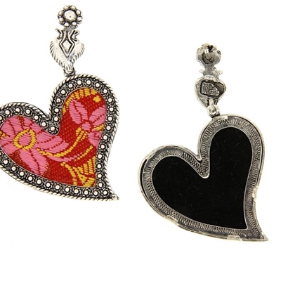 Silver hearts earrings with red brocade