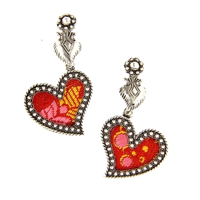 Silver hearts earrings with red brocade