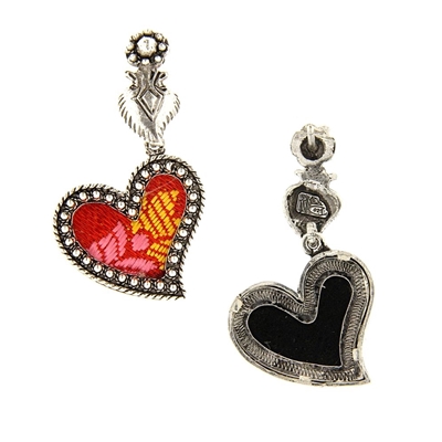 Silver hearts earrings with red brocade