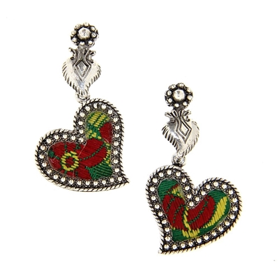 Silver hearts earrings with green brocade